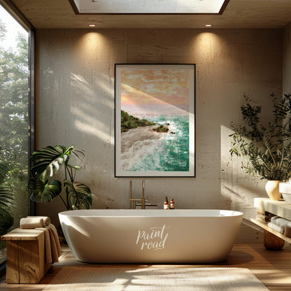 This artwork captures a serene coastal landscape at sunset. The sky is awash with soft hues of oran… for bathroom