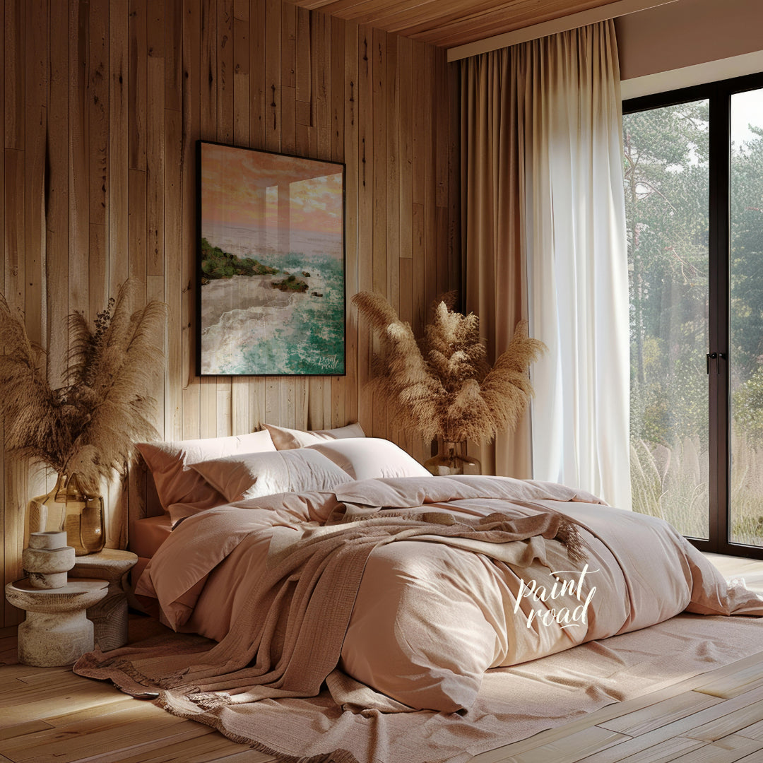 This artwork captures a serene coastal landscape at sunset. The sky is awash with soft hues of oran… for bedroom