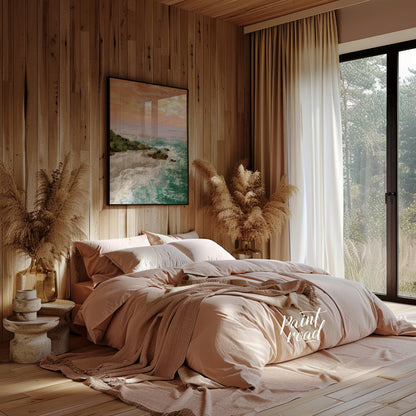 This artwork captures a serene coastal landscape at sunset. The sky is awash with soft hues of oran… for bedroom
