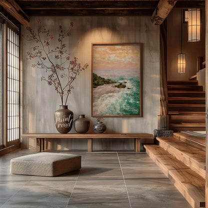 This artwork captures a serene coastal landscape at sunset. The sky is awash with soft hues of oran… for entryway