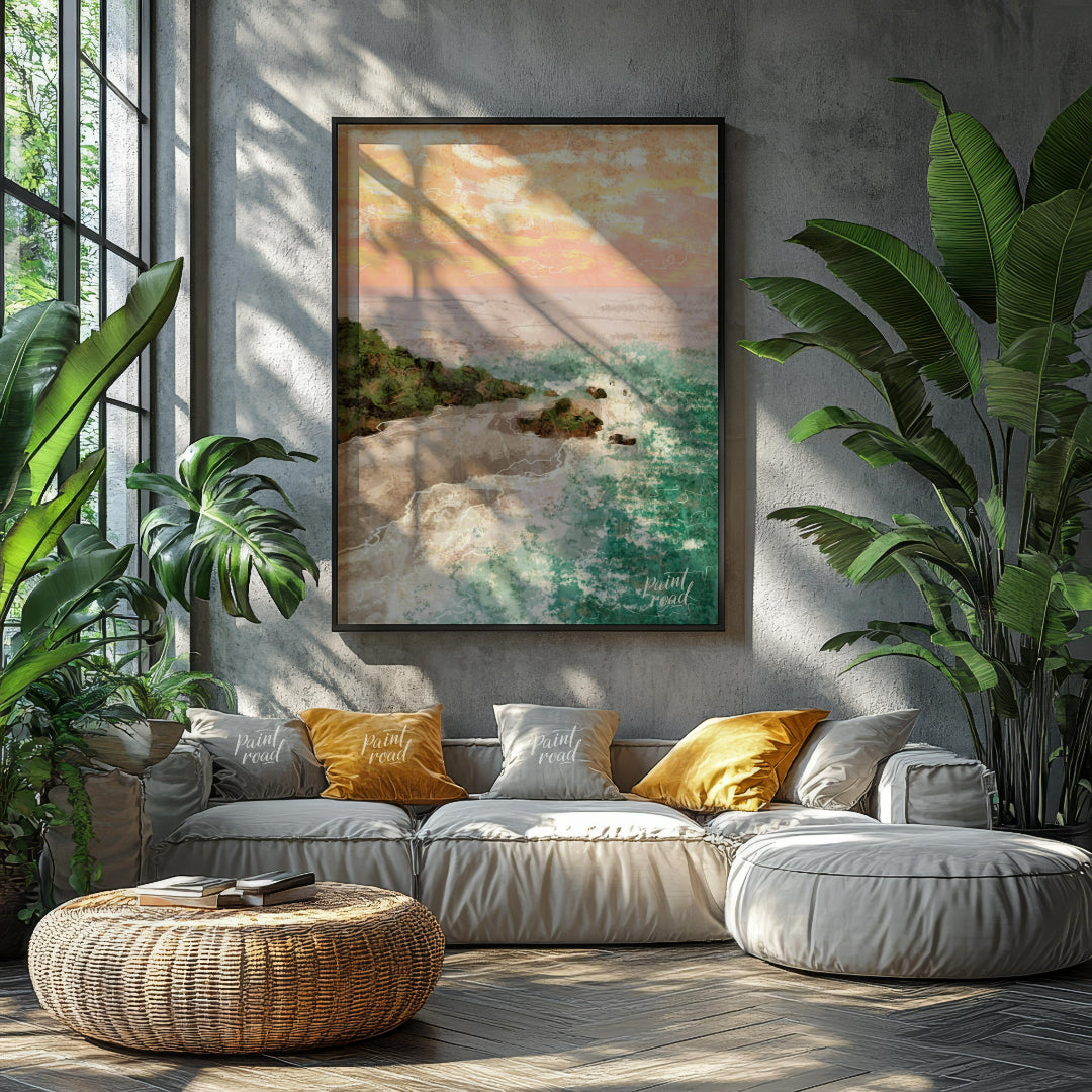 This artwork captures a serene coastal landscape at sunset. The sky is awash with soft hues of oran… for living room