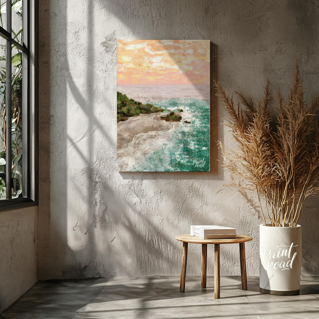 This artwork captures a serene coastal landscape at sunset. The sky is awash with soft hues of oran… for living room