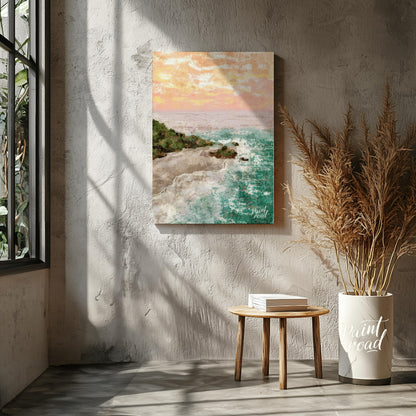 This artwork captures a serene coastal landscape at sunset. The sky is awash with soft hues of oran… for living room
