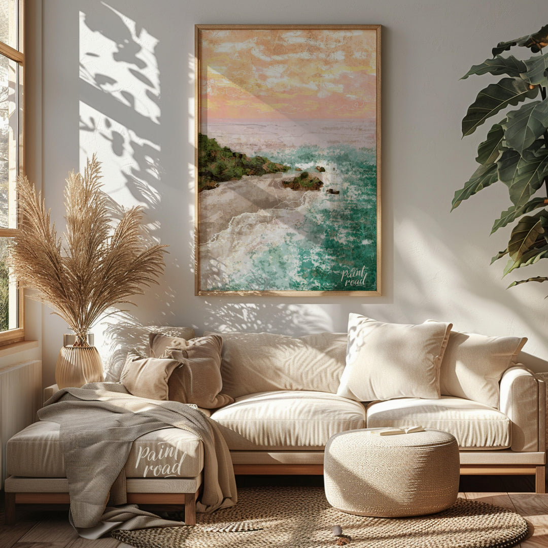 This artwork captures a serene coastal landscape at sunset. The sky is awash with soft hues of oran… for living room