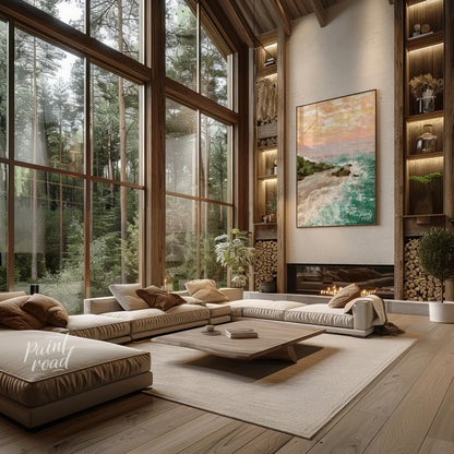 This artwork captures a serene coastal landscape at sunset. The sky is awash with soft hues of oran… for living room