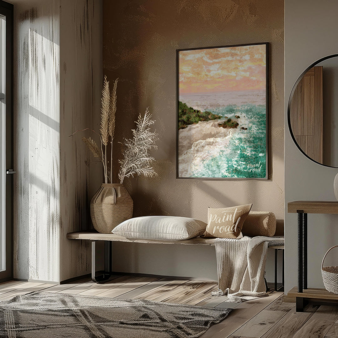 This artwork captures a serene coastal landscape at sunset. The sky is awash with soft hues of oran… for living room