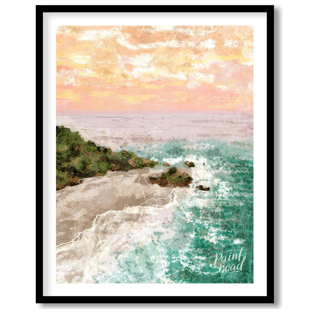This artwork captures a serene coastal landscape at sunset. The sky is awash with soft hues of oran… for space
