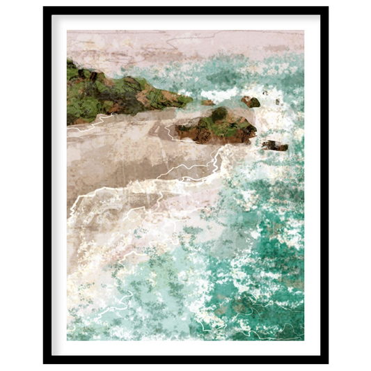This artwork captures a serene coastal landscape at sunset. The sky is awash with soft hues of oran… for space