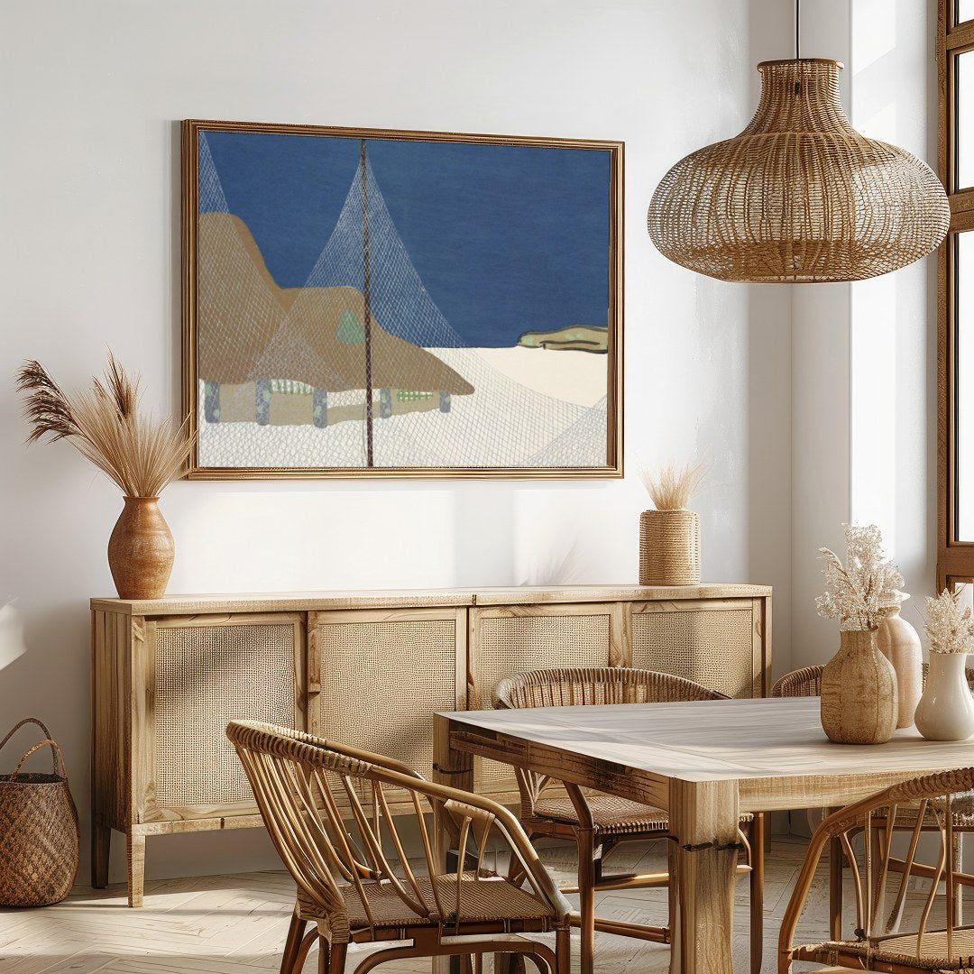 This serene art piece captures the tranquil beauty of a coastal village beneath a deep blue sky. for Dining