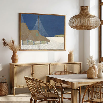 This serene art piece captures the tranquil beauty of a coastal village beneath a deep blue sky. for Dining