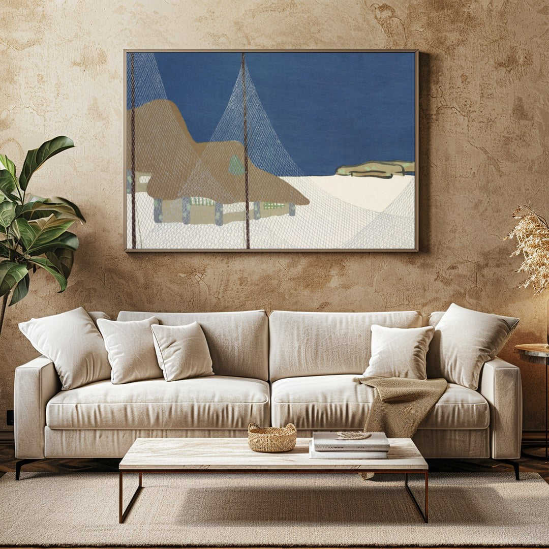 This serene art piece captures the tranquil beauty of a coastal village beneath a deep blue sky. for Family Room
