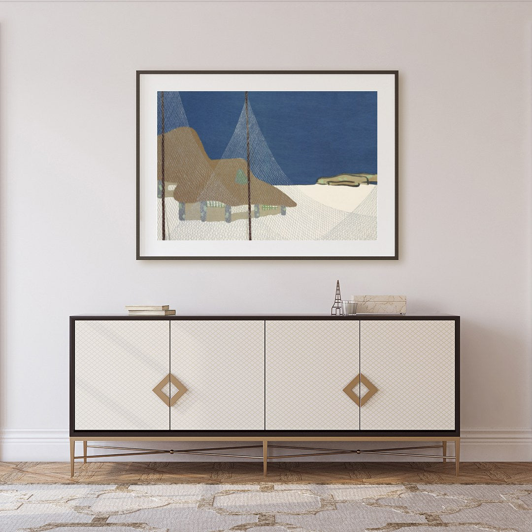 This serene art piece captures the tranquil beauty of a coastal village beneath a deep blue sky. for Foyer