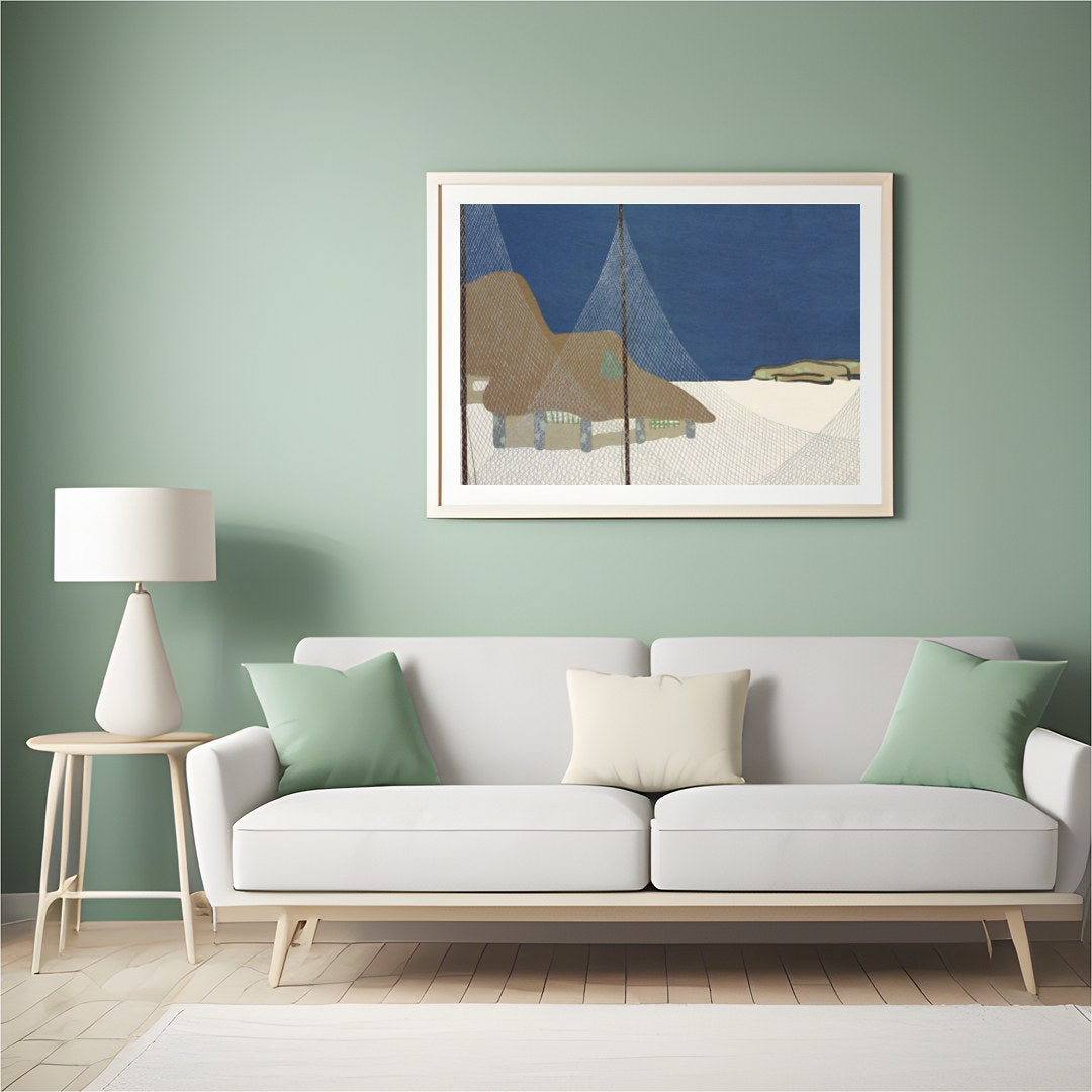 This serene art piece captures the tranquil beauty of a coastal village beneath a deep blue sky. for Hall