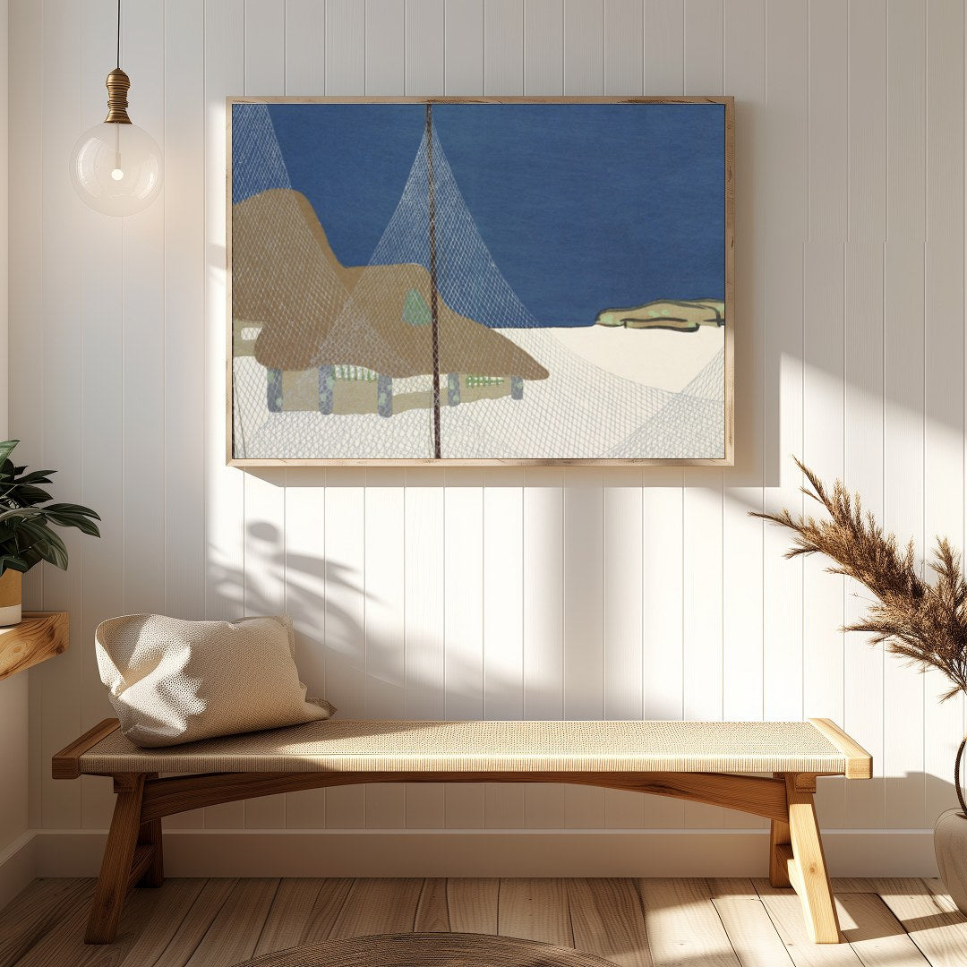 This serene art piece captures the tranquil beauty of a coastal village beneath a deep blue sky. for Hallway