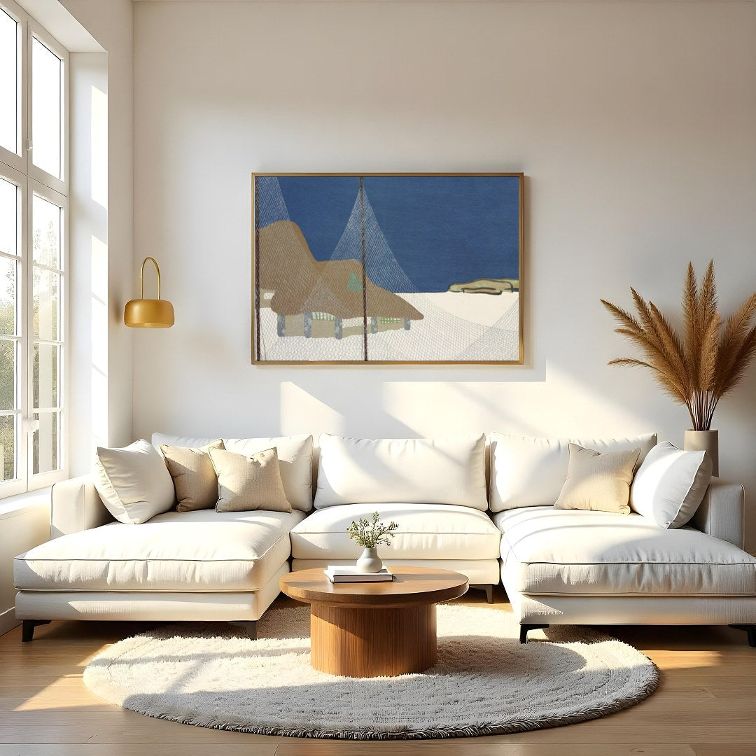 This serene art piece captures the tranquil beauty of a coastal village beneath a deep blue sky. for Living Room