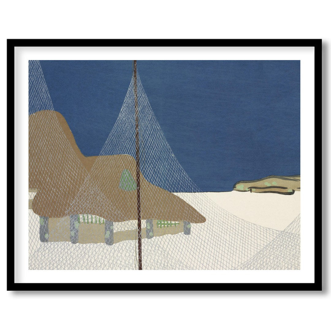This serene art piece captures the tranquil beauty of a coastal village beneath a deep blue sky. for room