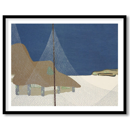 This serene art piece captures the tranquil beauty of a coastal village beneath a deep blue sky. for room