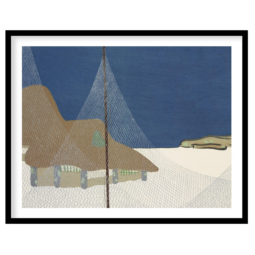 This serene art piece captures the tranquil beauty of a coastal village beneath a deep blue sky. for room