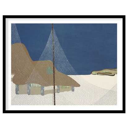 This serene art piece captures the tranquil beauty of a coastal village beneath a deep blue sky. for room