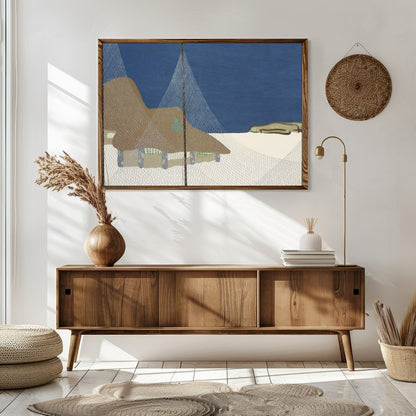 This serene art piece captures the tranquil beauty of a coastal village beneath a deep blue sky. for Sitting Area