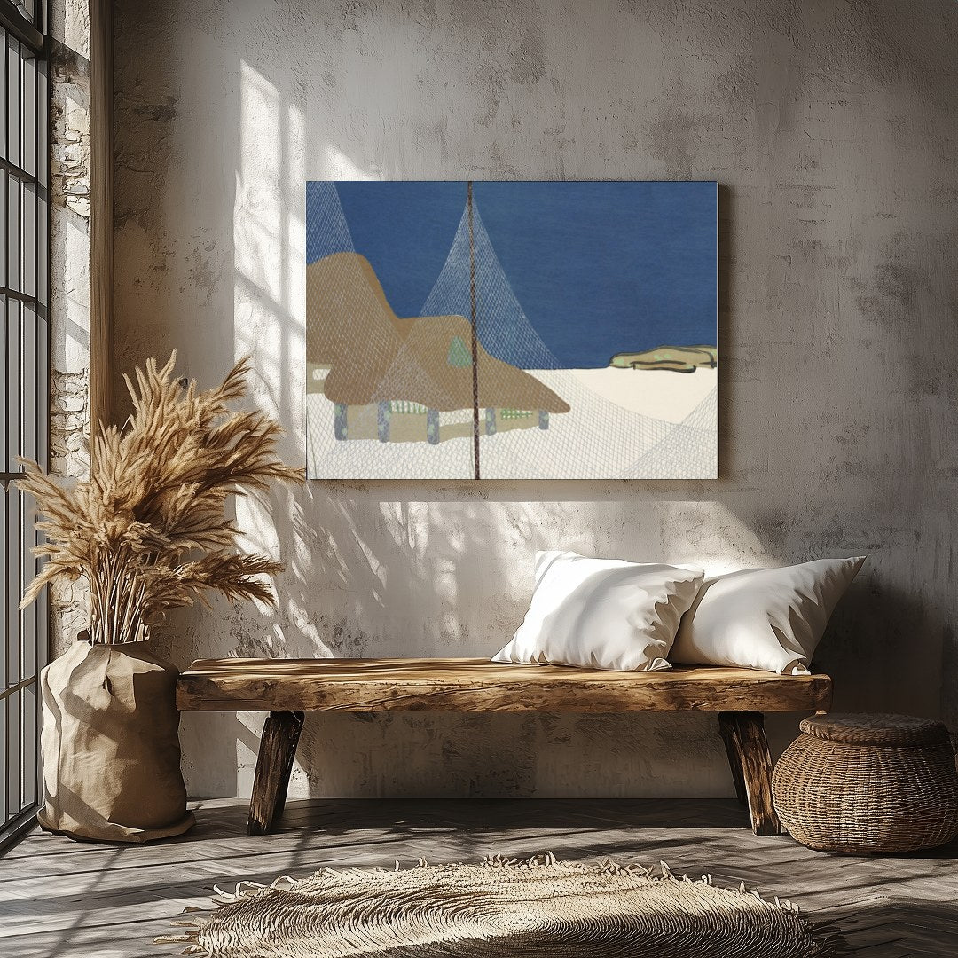 This serene art piece captures the tranquil beauty of a coastal village beneath a deep blue sky. for Veranda