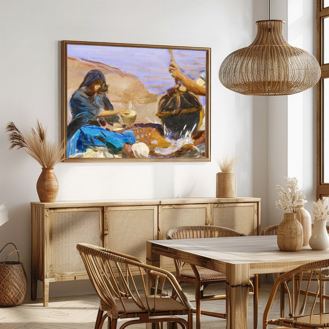 This captivating artwork captures a serene morning scene at the water's edge, portraying a group for Dining