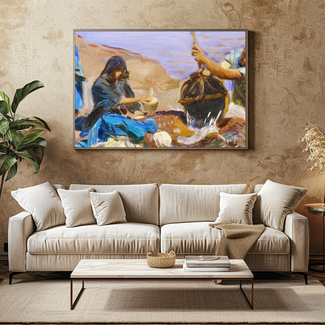 This captivating artwork captures a serene morning scene at the water's edge, portraying a group for Family Room
