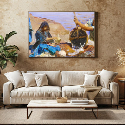 This captivating artwork captures a serene morning scene at the water's edge, portraying a group for Family Room