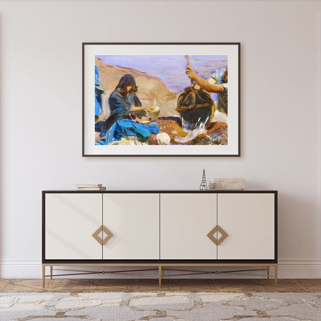 This captivating artwork captures a serene morning scene at the water's edge, portraying a group for Foyer
