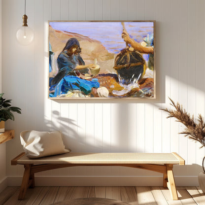 This captivating artwork captures a serene morning scene at the water's edge, portraying a group for gallery