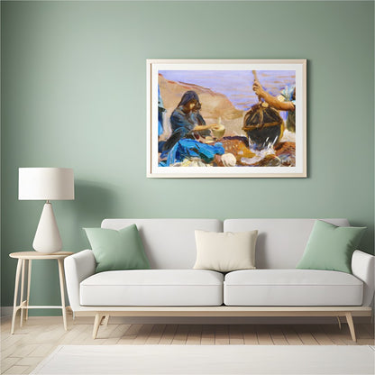 This captivating artwork captures a serene morning scene at the water's edge, portraying a group for Hall