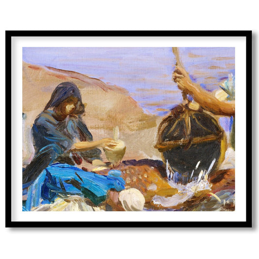 This captivating artwork captures a serene morning scene at the water's edge, portraying a group for hallway