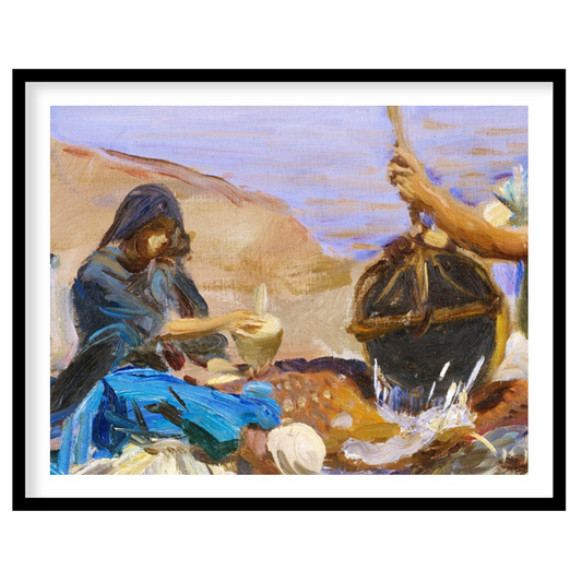 This captivating artwork captures a serene morning scene at the water's edge, portraying a group for hallway