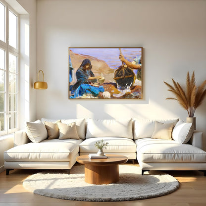 This captivating artwork captures a serene morning scene at the water's edge, portraying a group for Living Room