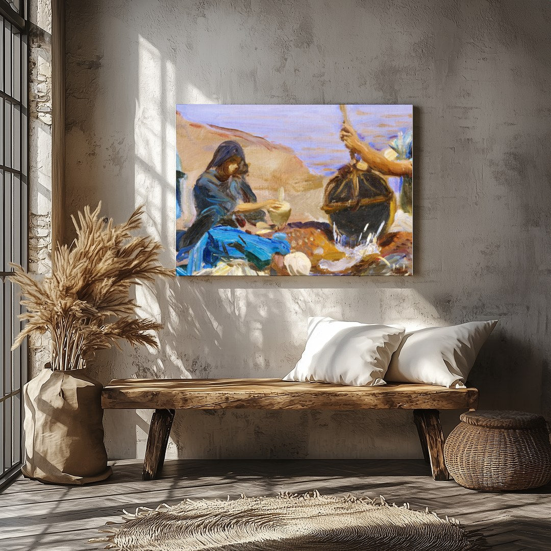 This captivating artwork captures a serene morning scene at the water's edge, portraying a group for Veranda