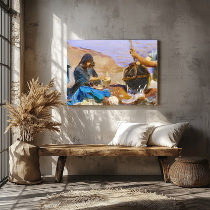 This captivating artwork captures a serene morning scene at the water's edge, portraying a group for Veranda