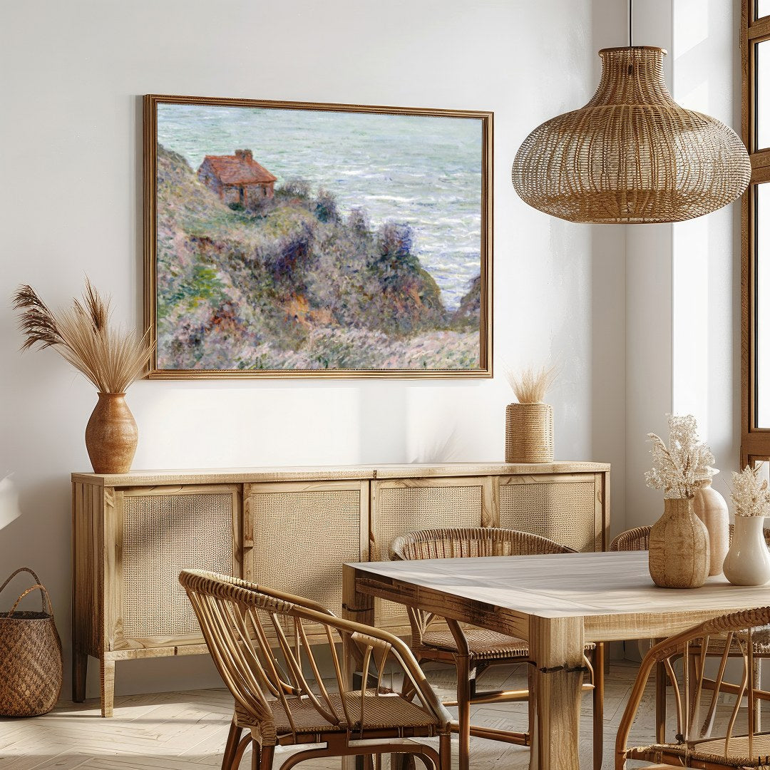 Immerse yourself in the tranquil beauty of the coastline with this exquisite artwork. The soft hues for Dining