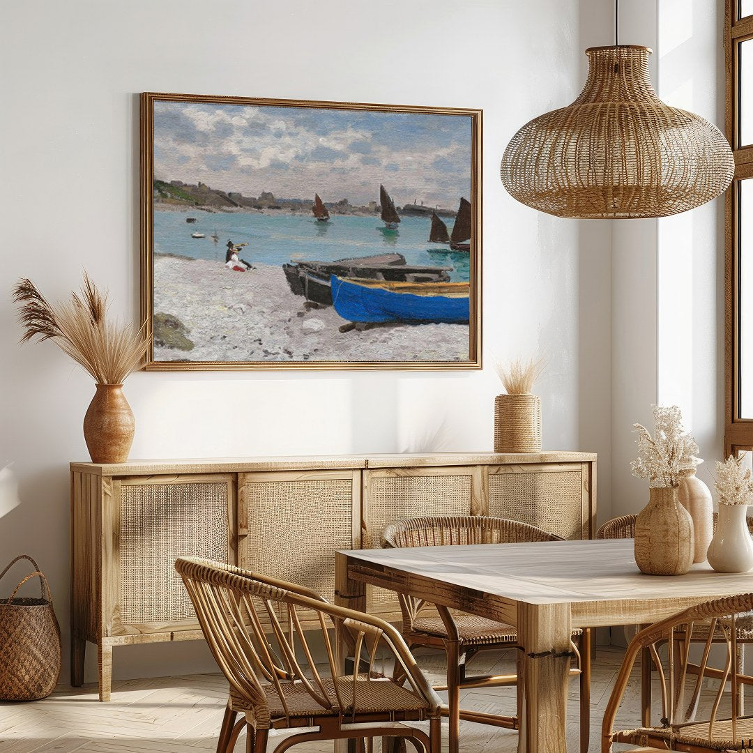 This exquisite artwork captures the tranquil beauty of a serene coastal scene with vivid sailboats for Dining