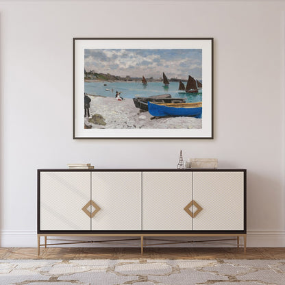 This exquisite artwork captures the tranquil beauty of a serene coastal scene with vivid sailboats for Foyer