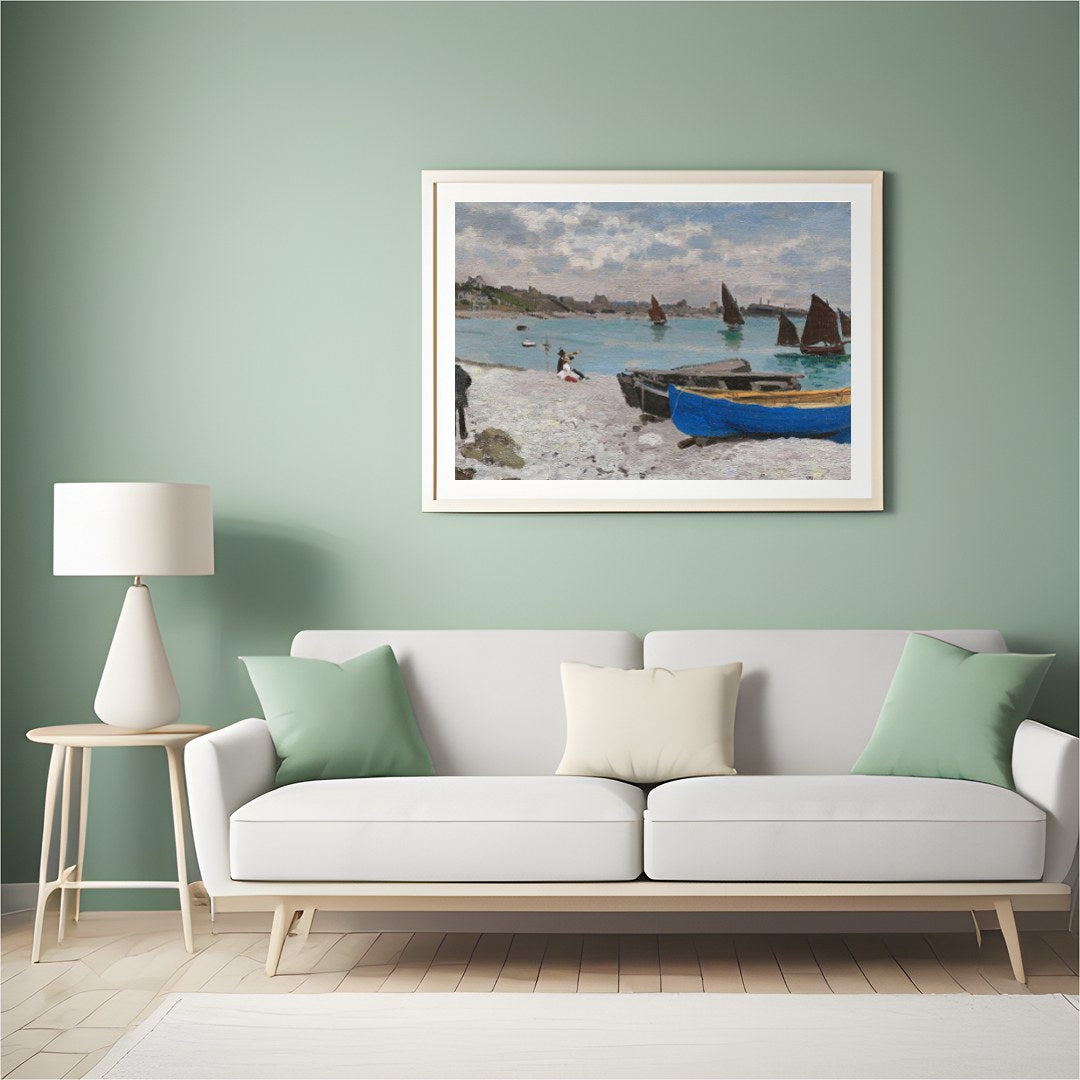 This exquisite artwork captures the tranquil beauty of a serene coastal scene with vivid sailboats for Hall