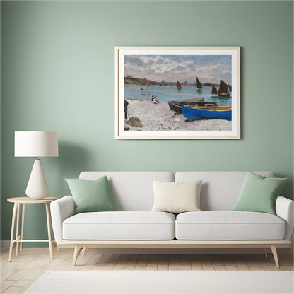 This exquisite artwork captures the tranquil beauty of a serene coastal scene with vivid sailboats for Hall