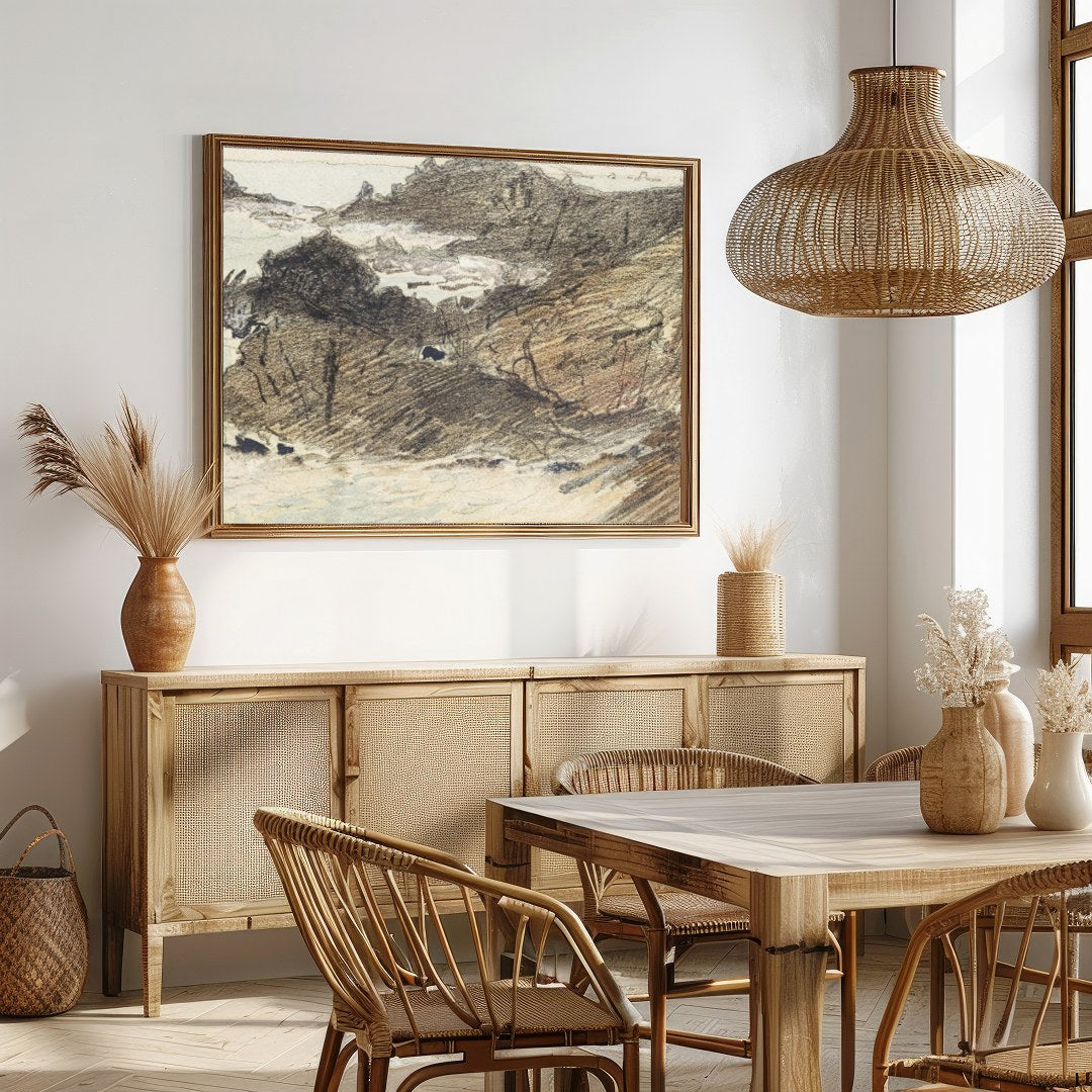 Immerse yourself in the tranquil beauty of the coastline with this exquisite sketch. The delicate for Dining
