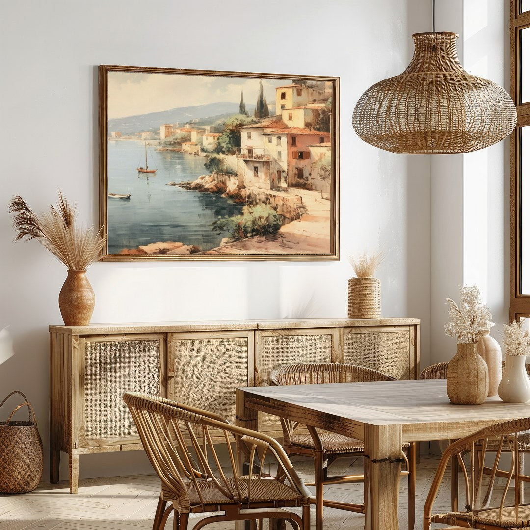 Immerse yourself in the tranquil charm of this coastal village painting. With soft hues capturing for Dining