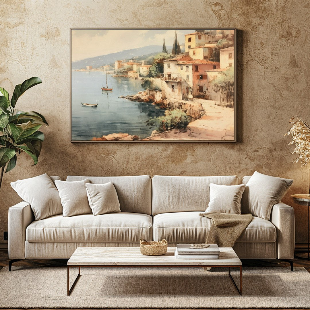 Immerse yourself in the tranquil charm of this coastal village painting. With soft hues capturing for Family Room