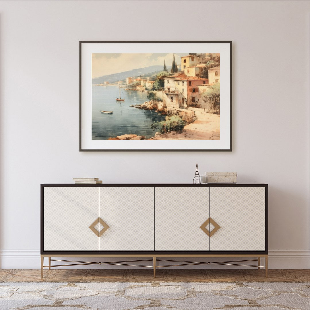 Immerse yourself in the tranquil charm of this coastal village painting. With soft hues capturing for Foyer