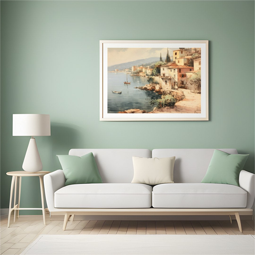Immerse yourself in the tranquil charm of this coastal village painting. With soft hues capturing for Hall