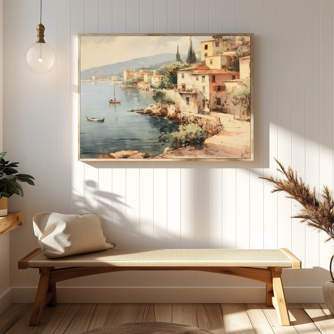 Immerse yourself in the tranquil charm of this coastal village painting. With soft hues capturing for Hallway