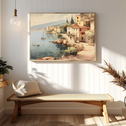Immerse yourself in the tranquil charm of this coastal village painting. With soft hues capturing for Hallway