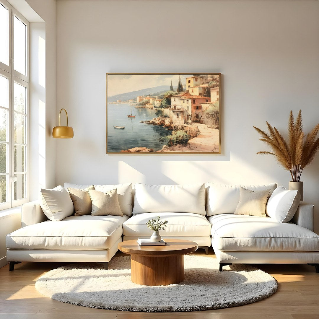 Immerse yourself in the tranquil charm of this coastal village painting. With soft hues capturing for Living Room