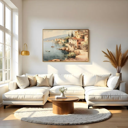 Immerse yourself in the tranquil charm of this coastal village painting. With soft hues capturing for Living Room